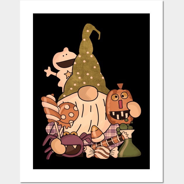 Vintage Retro Halloween Gnomes Pumpkin Candies Wall Art by koolteas